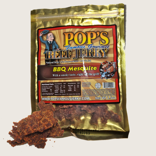 Image of a bag of Pop's Famous Beef Jerky BBQ Mesquite flavor