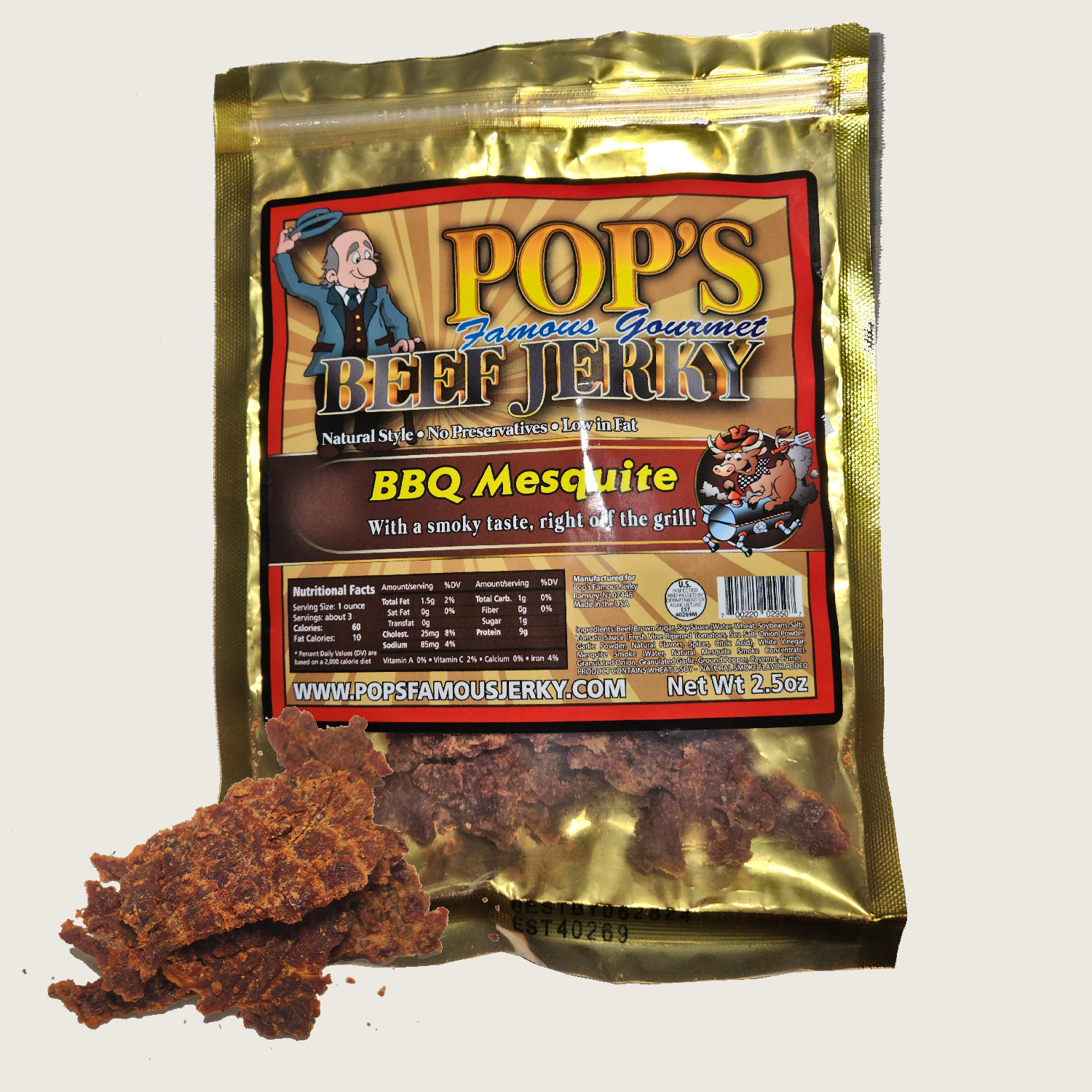 Image of a bag of Pop's Famous Beef Jerky BBQ Mesquite flavor