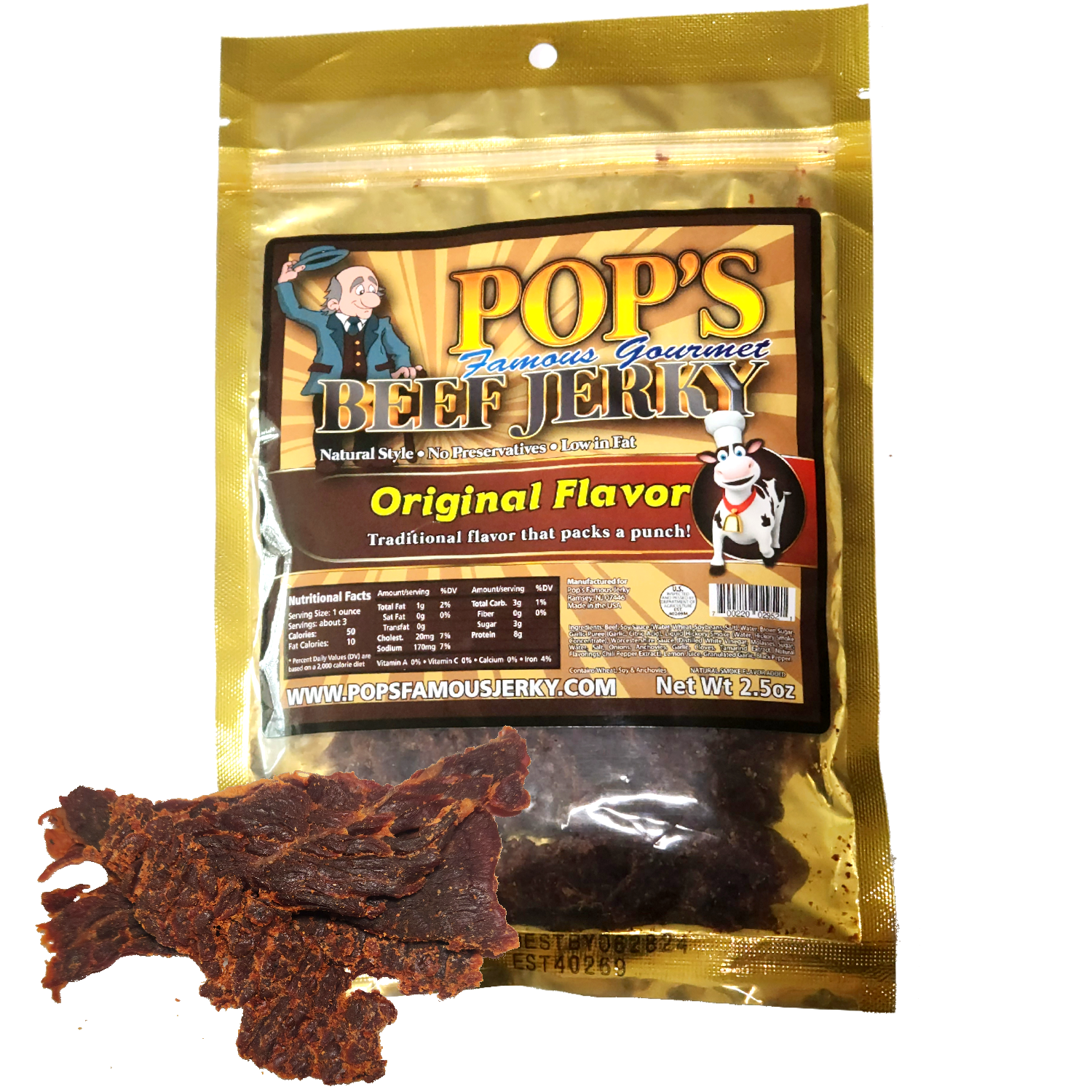 Picture of a bag of Pop's Famous Beef Jerky Original flavor